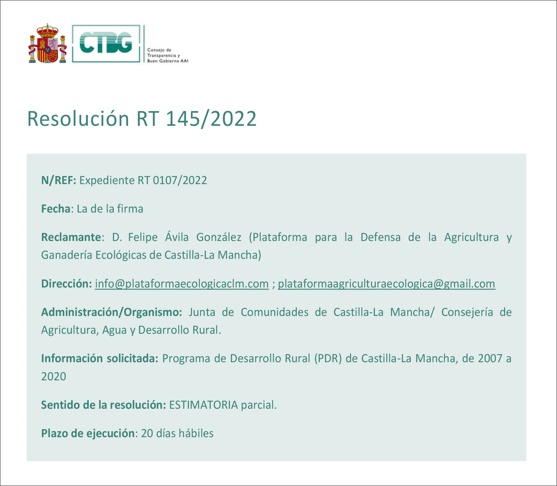 El Consejo de Transparencia insta al gobierno de García-Paje a entregar copia de la documentación en la que conste la decisión de recortar las ayudas a la agricultura ecológica y facilitar los nombres de las personas que tomaron dicha decisión